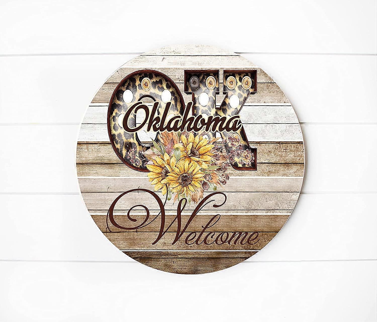 Oklahoma Welcome Printed Handmade Round Wood Sign (8 in with sawtooth hanger)
