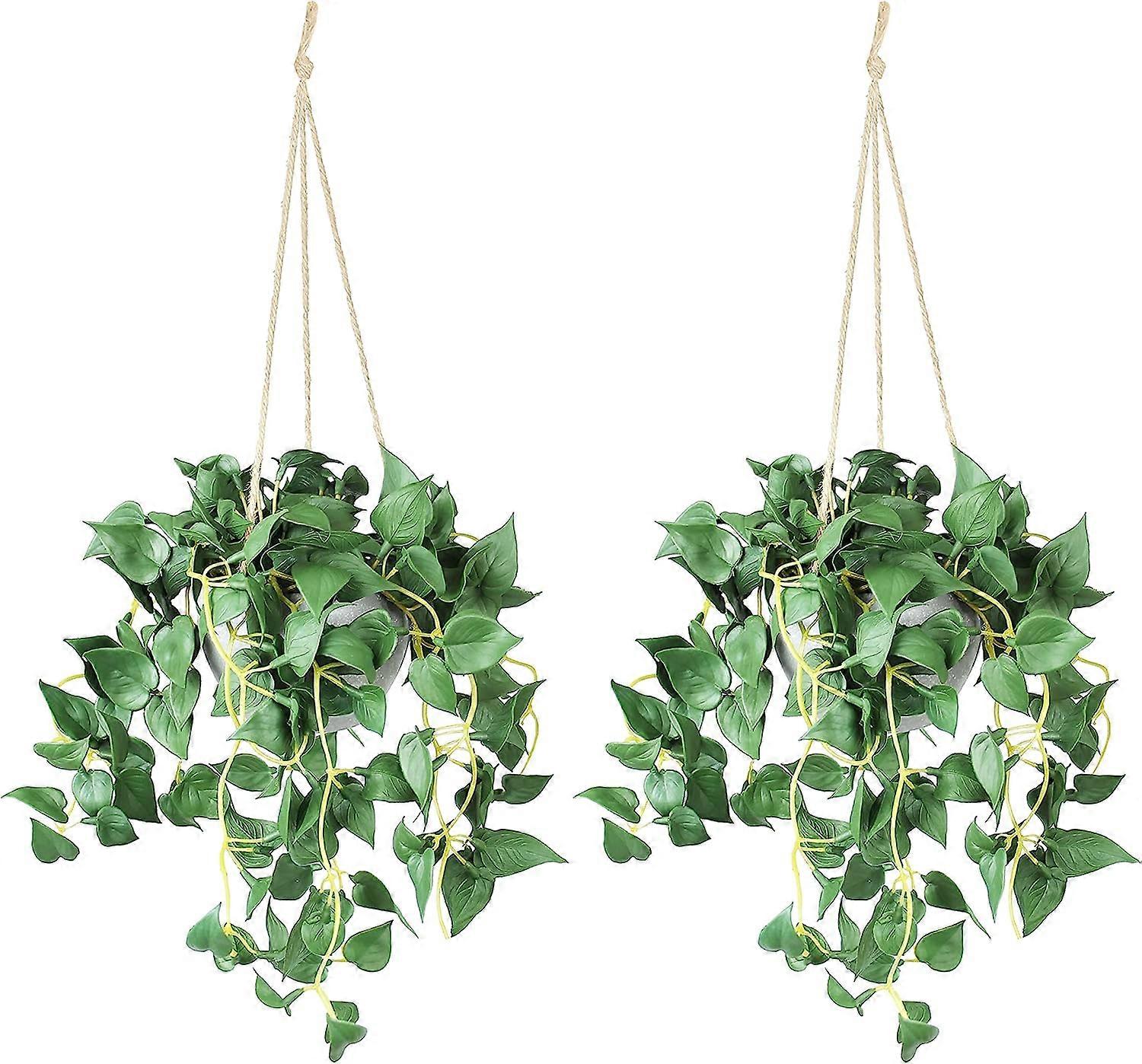 צמח תלוי צמחים תלויים מזויפים עם עציצים, 2 חבילה צמחים תלויים מלאכותיים, צמח סל תלוי עלי אנתוריום מלאכותי לחדר ביתי קיר חיצוני חיצוני
