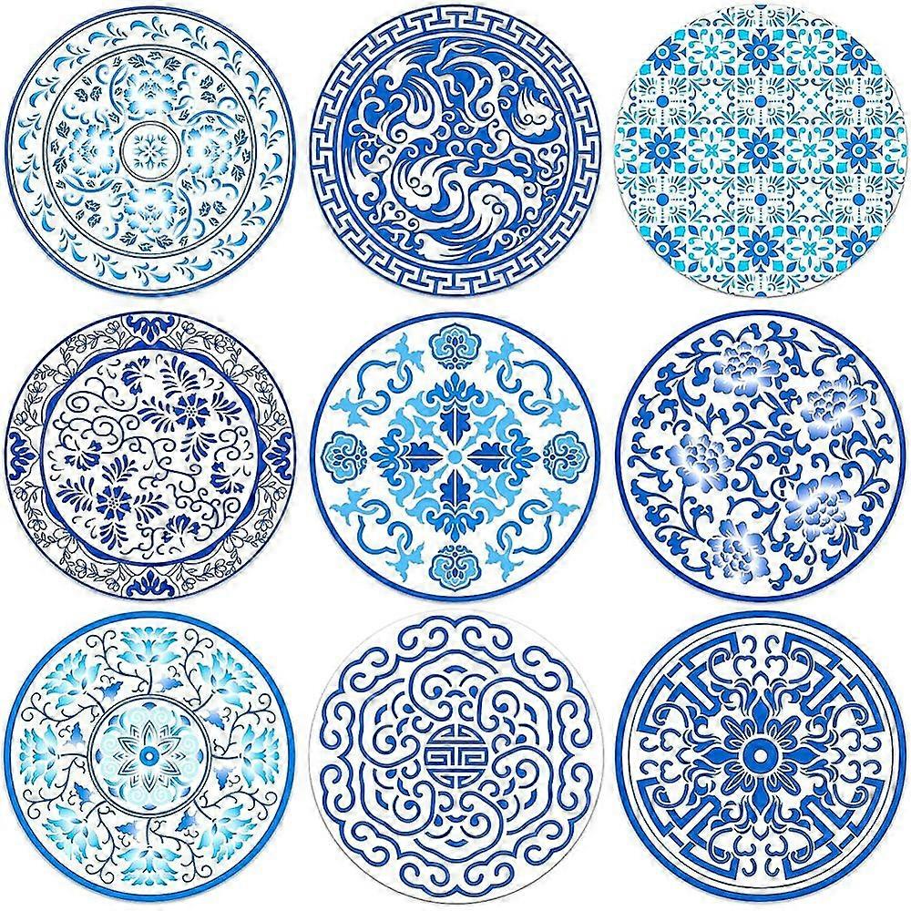 Composite Board Cup Mats Set Printed Coasters Flat Round Floral Pattern 100x5mm 1pc/style 9 style 9pcs/set