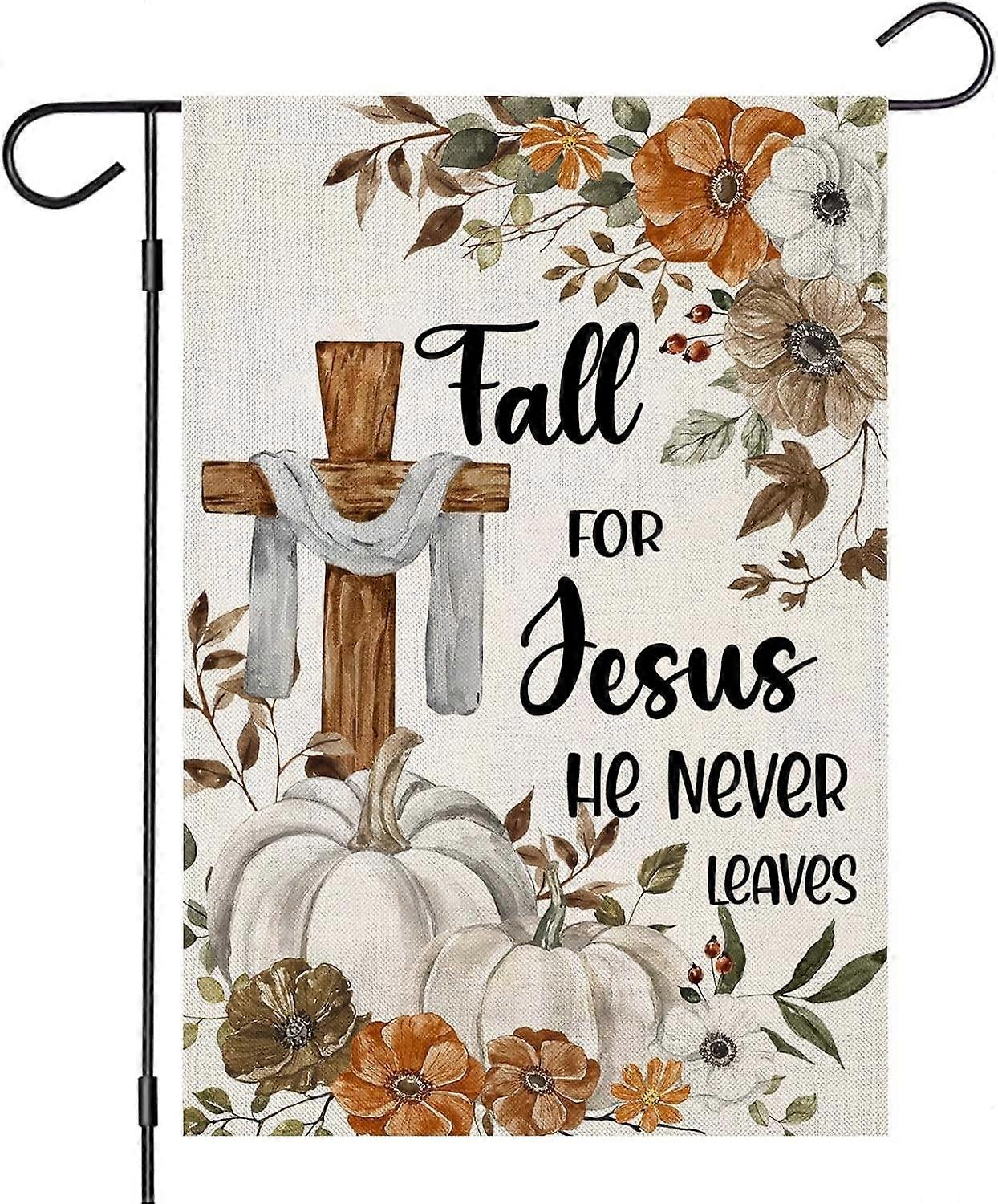Flagi ogrodowe Fall Cross do dekoracji zewnętrznych, krzyż religijny Fall for Jesus z klonem dyni