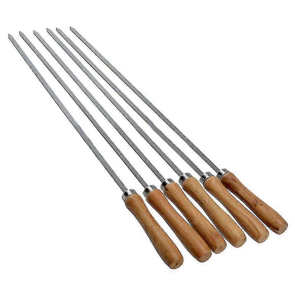 Rustfrit stål træ håndtag grillpind med håndtag pind grillnål, tyk og lang flad pind, rustfrit stål grillspyd med