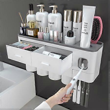 Toothbrush Holders Bathrooms 4 Cups Wall Mounted Cosmetic Drawer