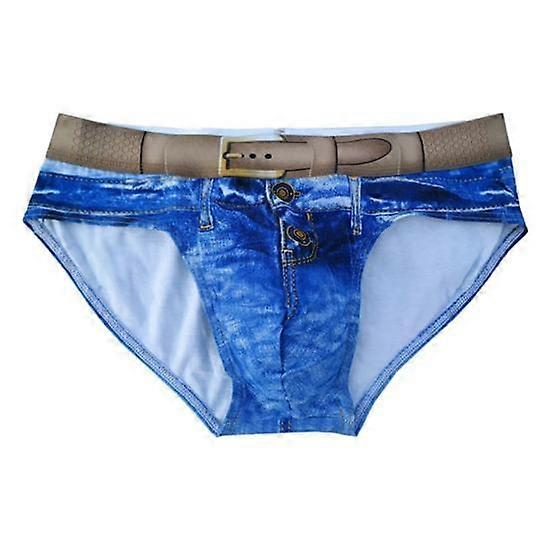 Men Briefs Mid-rise Elastic Waistband 3D Imitation Jeans Printed Underwear U-Convex Slim Fit Panties Daily Wear