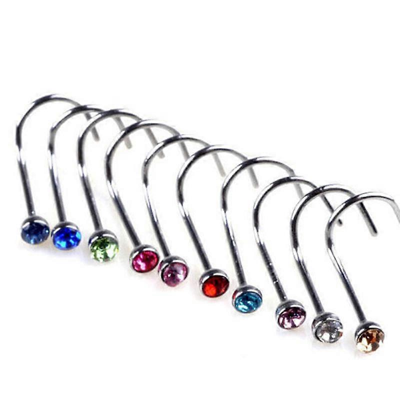10pc Stainless Steel Body Piercing Jewelry Crystal Nose Bone Gem Stud Screw Ring