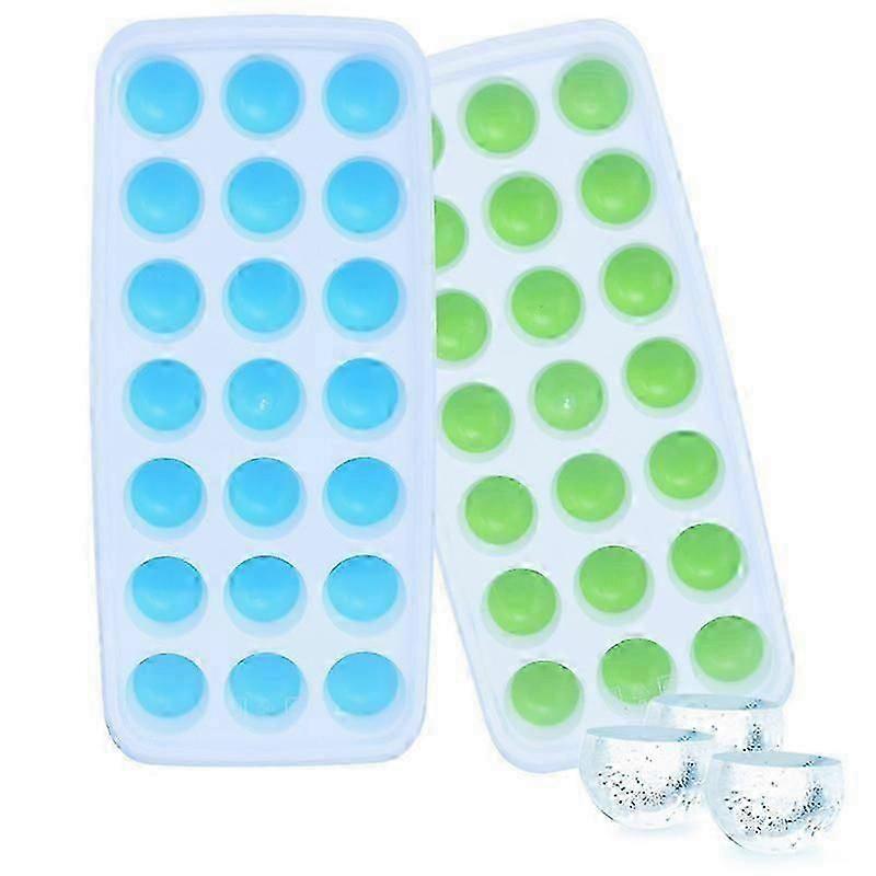 2 Ice Cube Trays With Leak-Proof Removable Cover, Suitable for Wine and Drinks, 21 Grids, Green + Blue