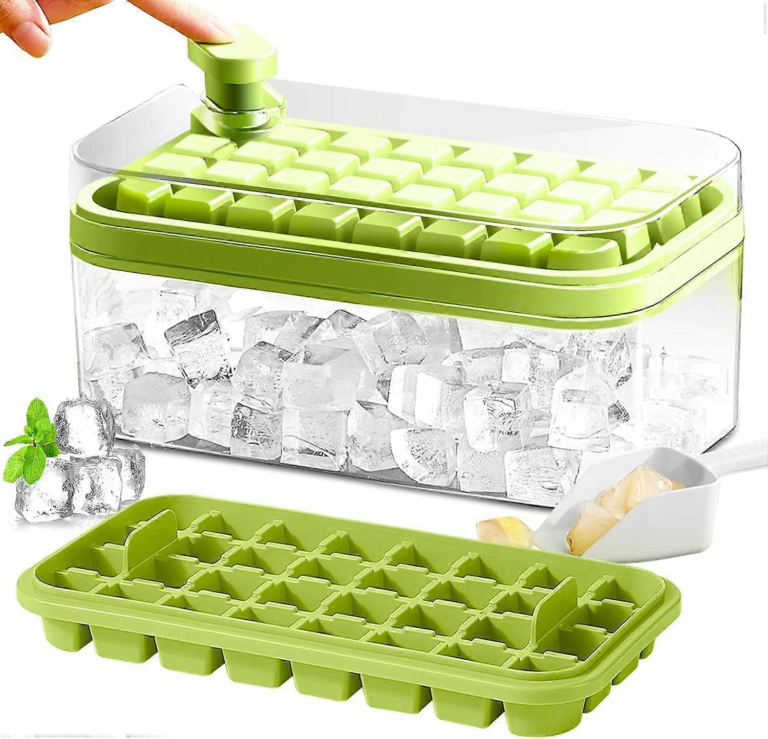 Ice Cube Tray with Lid and Trash Bin, 2-Pack Freezer, 64 Pieces Ice Cube Molds (Green)