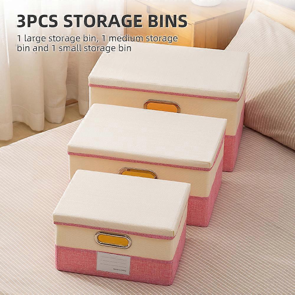 3Pcs Storage Bins with Lids Foldable Cotton Linen Storage Boxes with Lids Collapsible Closet Organizer with Cover for Home Bedroom Office Pink