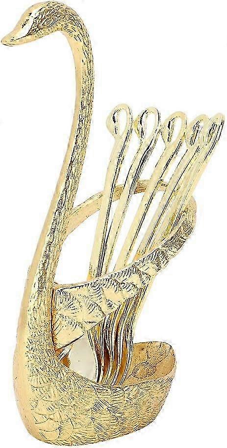 Set of 6 Small Teaspoons, Mini Dessert Spoons with Swan Base Holder, Stainless Steel (Gold)