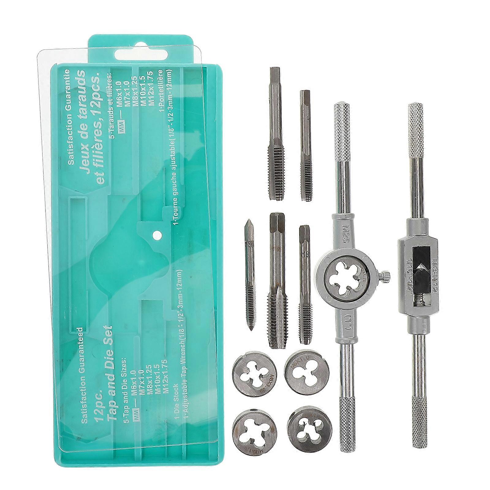 Hand Tapping And Threading Kit Tap And Die Set Precision Manufacturing For Metal Fabrication Tools Silver 19.00X3.30X1.00CM Thread Cutting 12Pcs