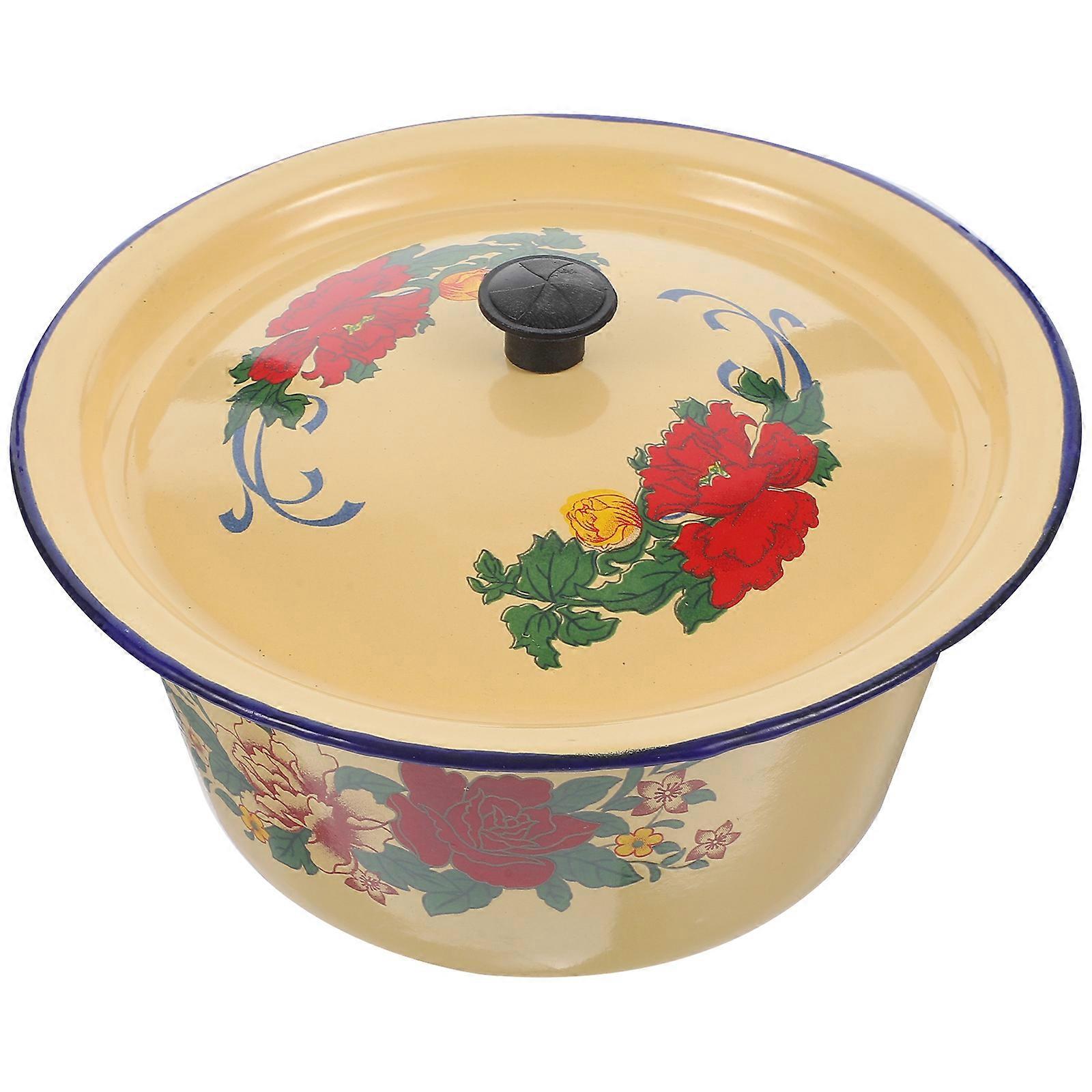 Vintage Enamelware Bowl With Lid Retro Kitchen Storage Canister Enamel Basin For Fruits Snacks Desserts Elegant Design Easy To Clean