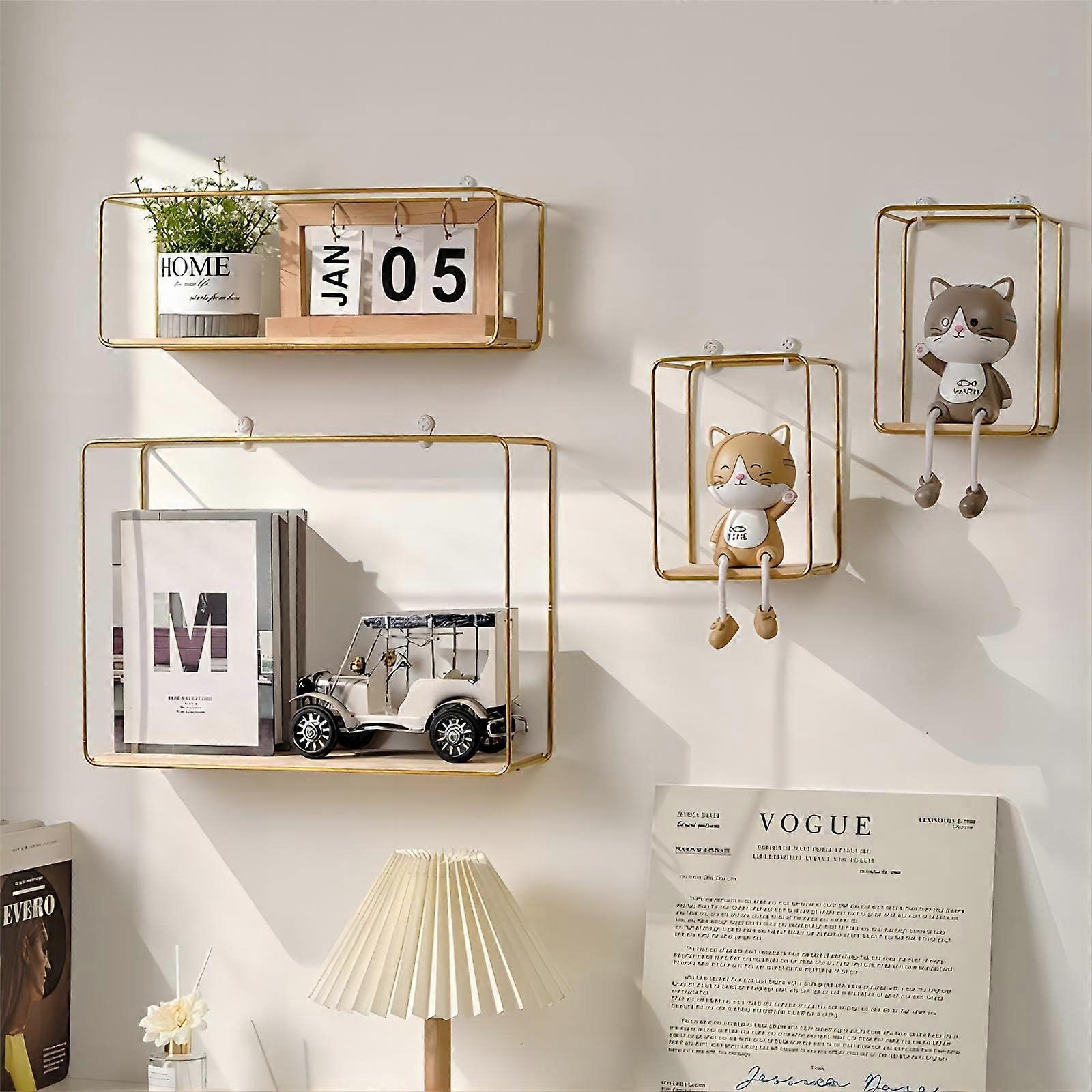 Wooden Wall Shelf Set of 4 Floating Hanging Bookshelf Aesthetic Gold-Coloured Modern Metal Decoration for Bathroom Bedroom Living Room Kitchen