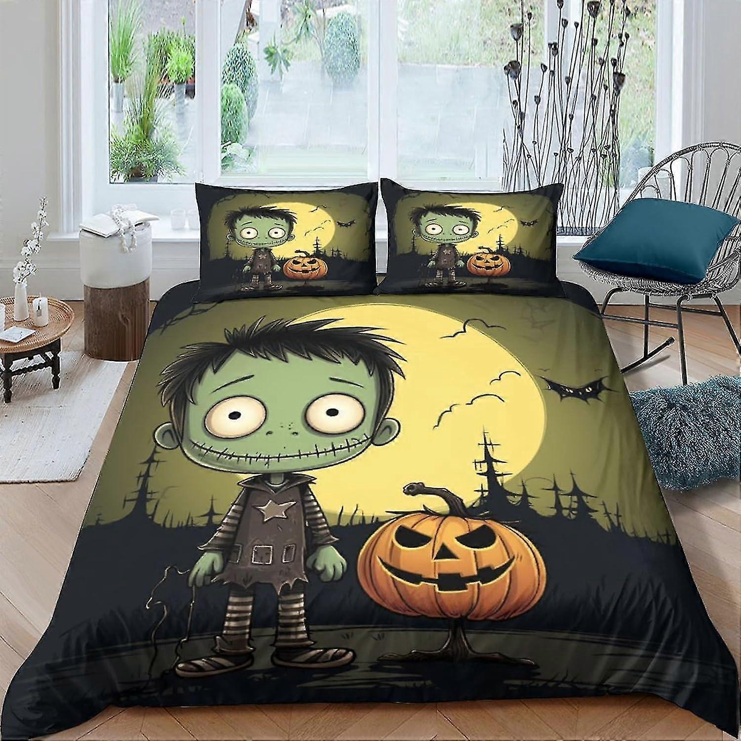 Kuslig sängkläder Set Överdrag Påslakan 3D överkast 3 delar Halloween pumpa täcke överdrag med dragkedja mjuk mikrofiber för barn