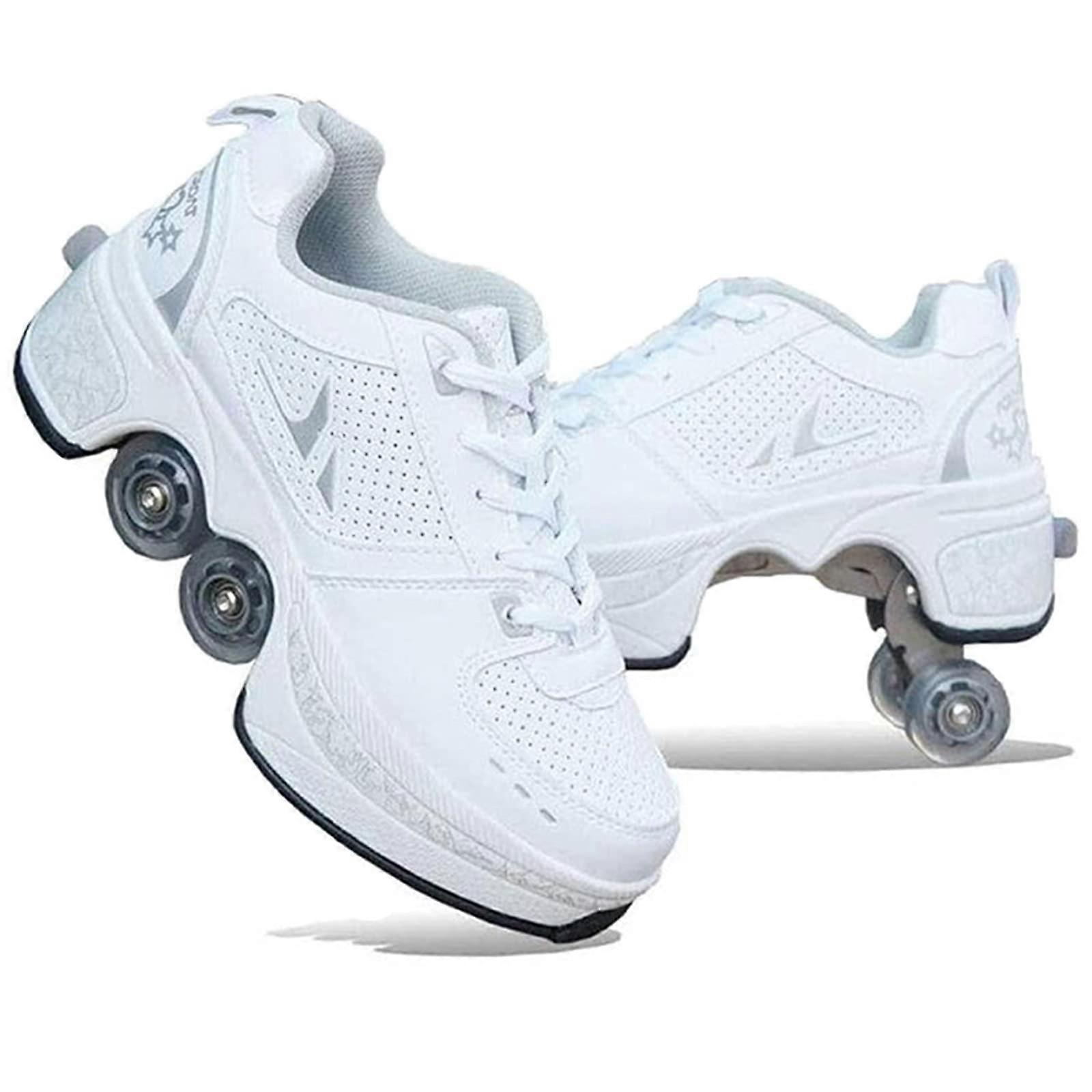 Pulley Ice Skates, Invisible 4Wheel Roller Skates Multifunctional Deformation White EU35