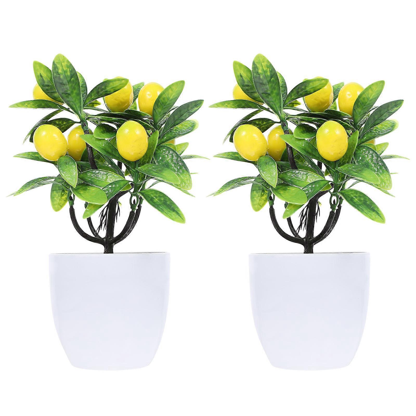 2pcs Artificial Lemon Tree Bonsai Realistic Indoor Potted Plants for Kitchen Office Decor Faux Lemon Tree Ornaments with Leaves Easy Clean Tabletop