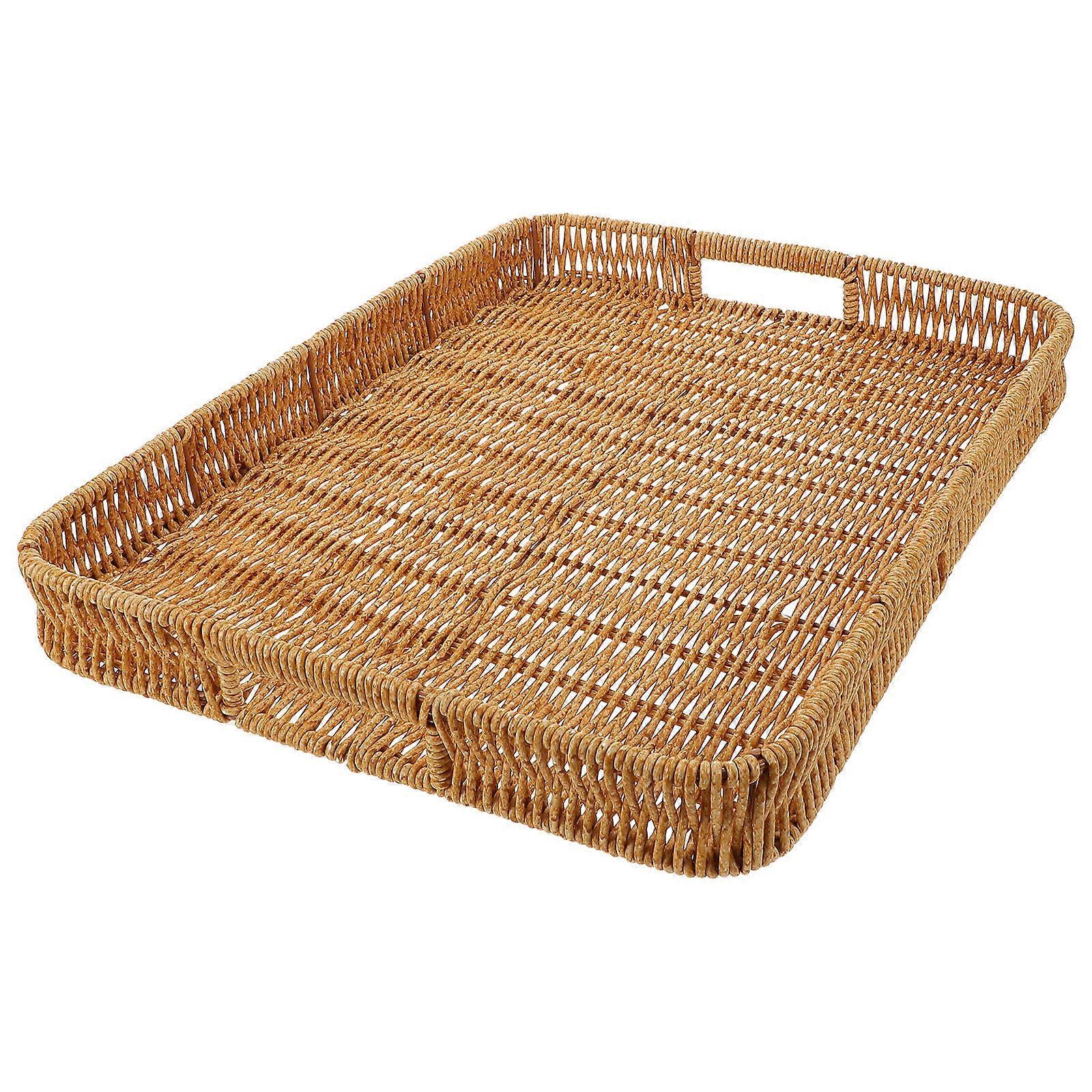 Woven Storage Tray for Cosmetics, Makeup & Accessories – Elegant Multi Purpose Organizer for Bathroom Vanity & Living Spaces – Light