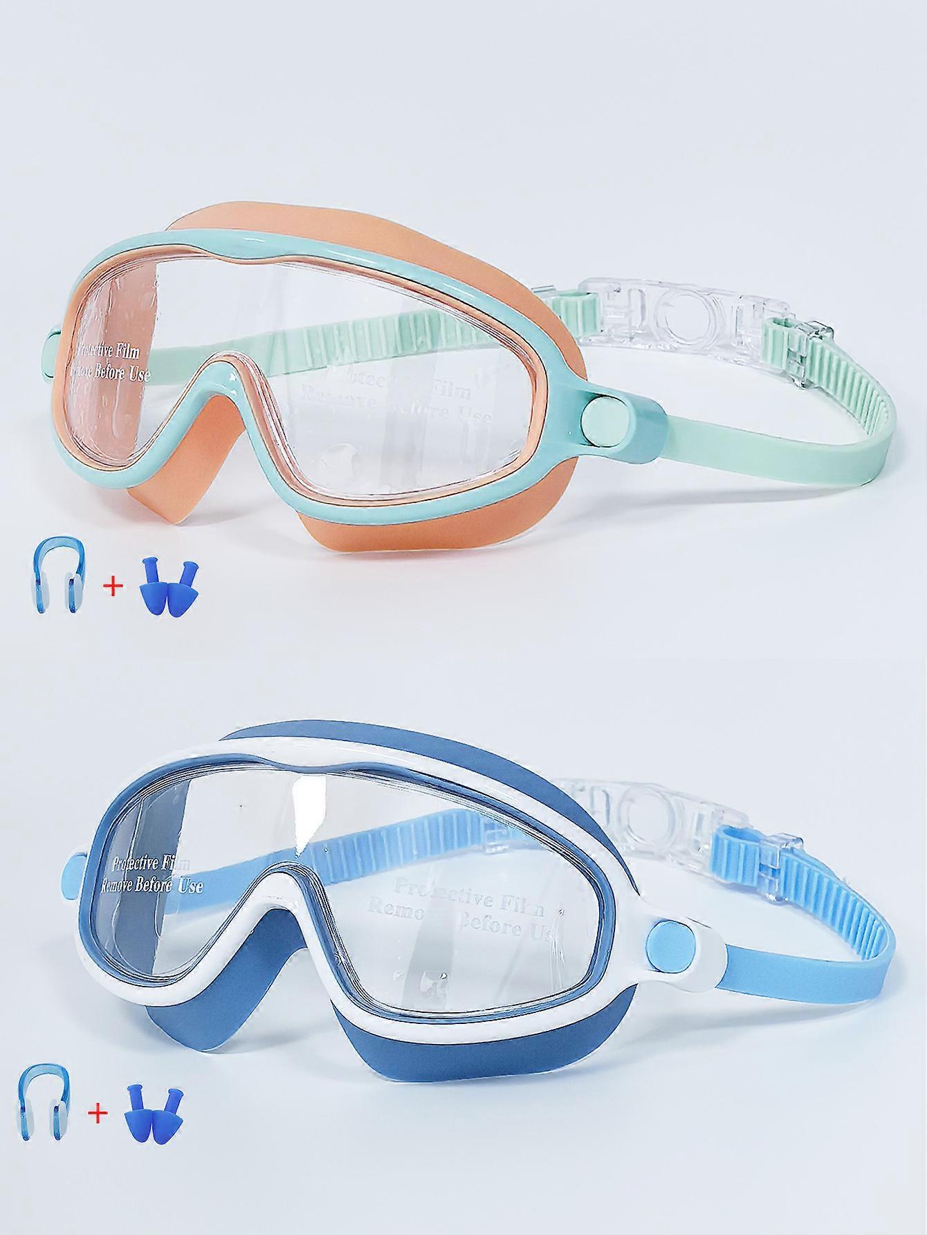 Large-frame swimming goggles, high-definition waterproof and anti-fog swimming goggles, for both boys and girls (olive green + blue and white)