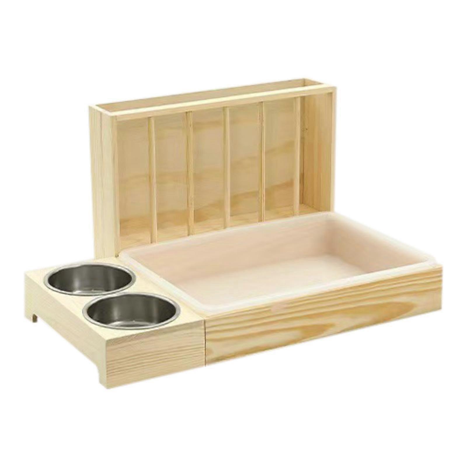 Rabbit Hay Holder and Cat Litter Tray, Wooden Dispenser for Guinea Pig and Hamster, Multi-Functional Pet Feeding Solution
