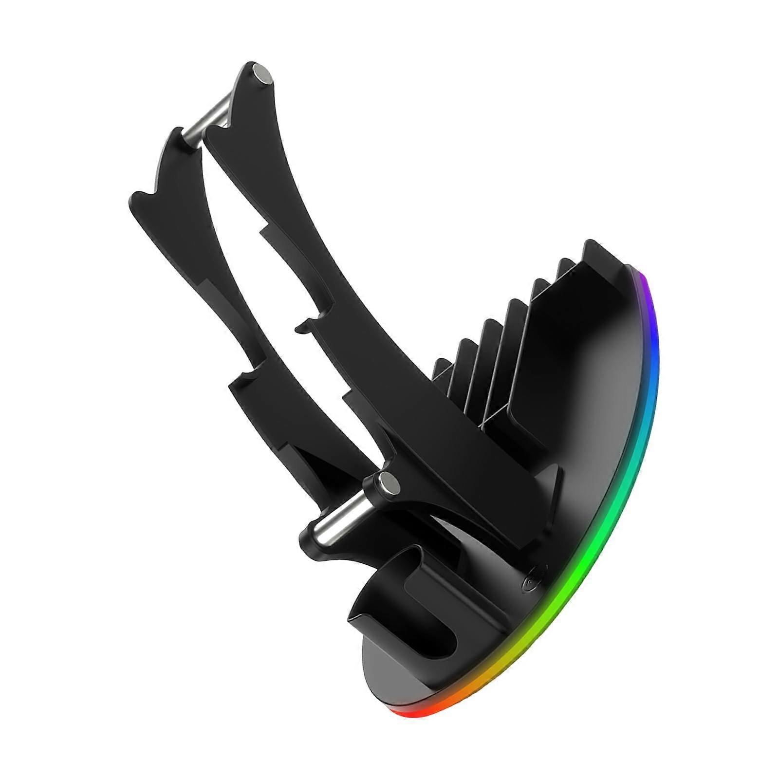 LED lighting desktop stand for gaming controllers, playing card storage shelf with nonslip large black base.
