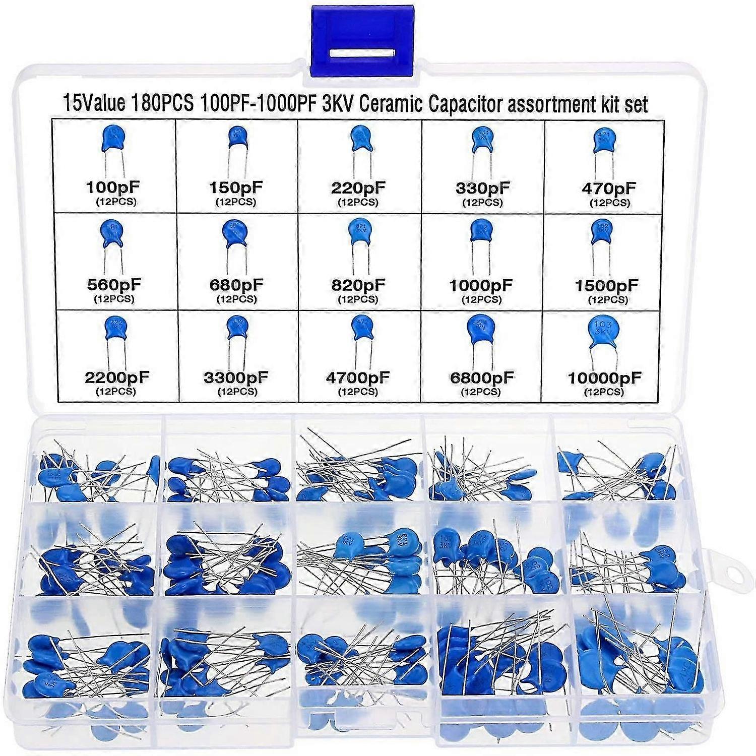180Pcs 15 Values High Voltage Dip Ceramic Capacitor Assortment Kit Range 100PF-10000PF 3KV