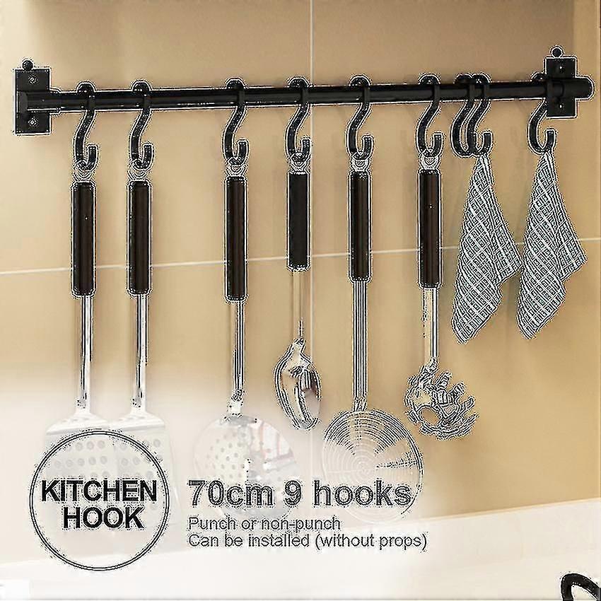 Cucina Appendiabiti Rack con ganci Supporto a parete Spazio in alluminio Single Rod Bar Easy Storage Rack Con 6 ganci Black 70cm