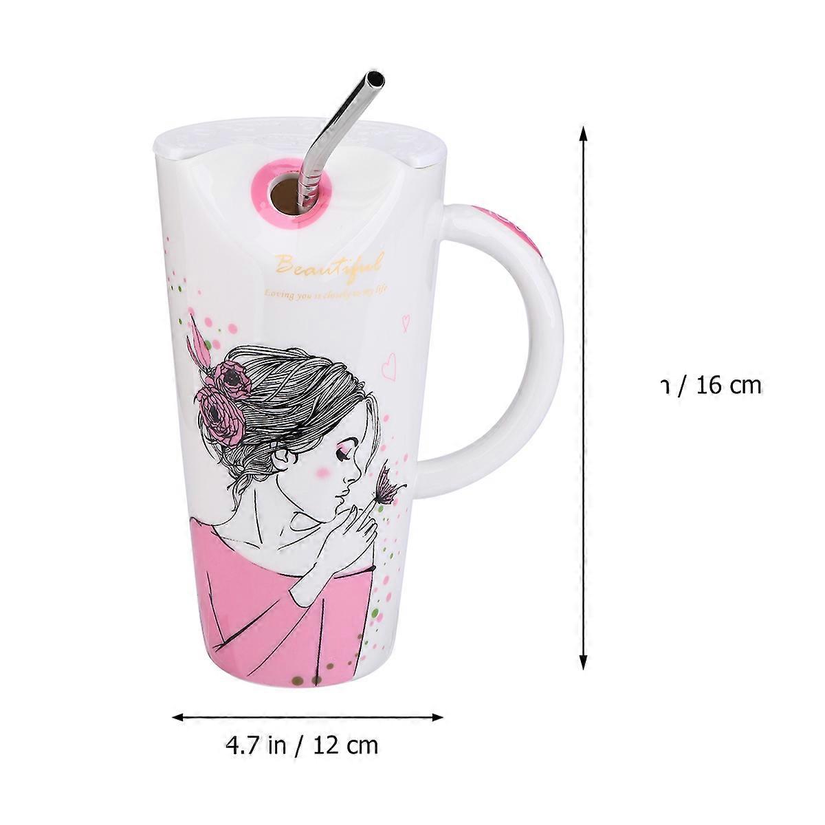 Beautiful Girls Pattern Ceramic Mug For Home Use Large Capacity 600ML Assorted Color Water Mug With Lid Spoon And Straw 1 Set