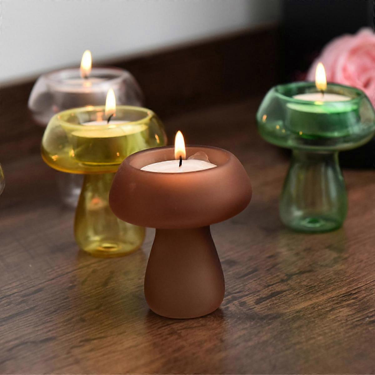 15%OFFMushroom Shape Colorful Transparent Candle Lamp Decoration Creative Luxurious Multicolor Mini Glass Candlestick