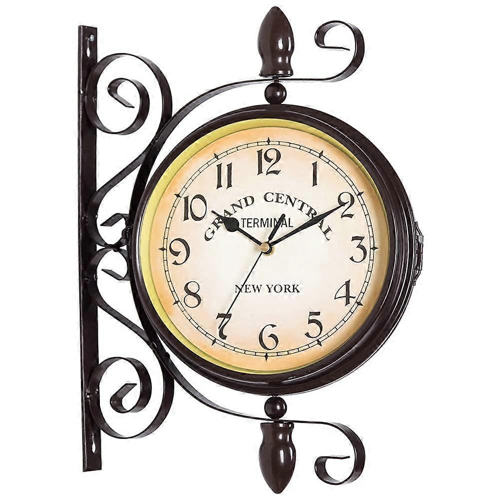Train Station Clock Two Faces Double Sided Round Retro Wall Clock Outdoor Antique Look