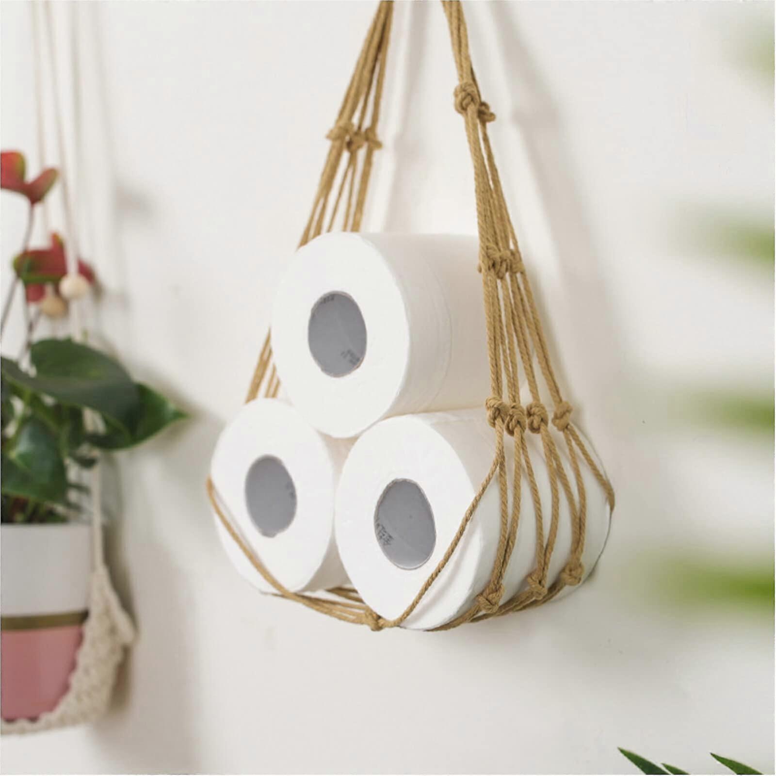 Toilet Paper Holder Macrame Hanging Net, Cotton Rope Mesh, 107cm Beige, Bathroom Towel Rack Storage Net Organizer