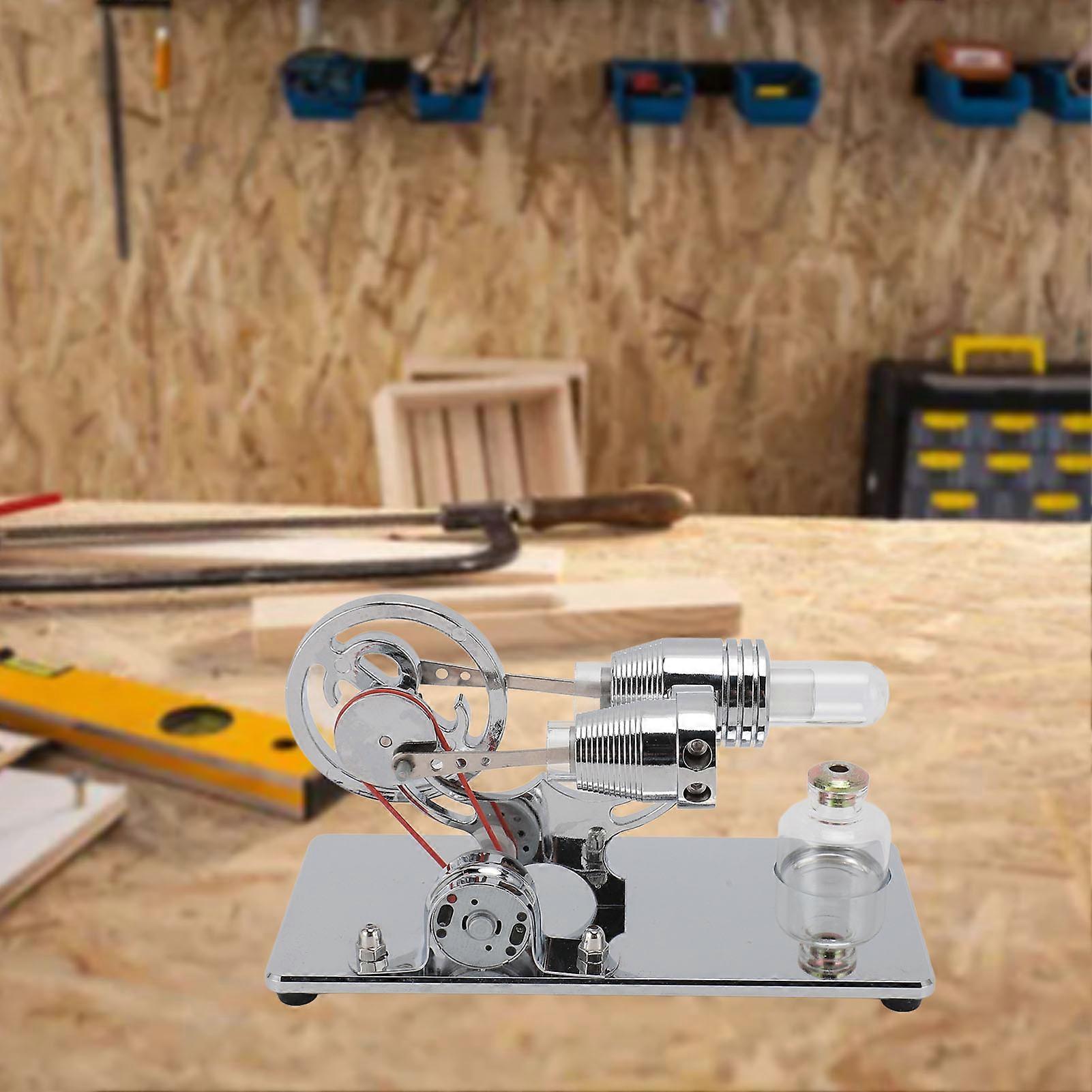 Sterling Engine Model with LED Bulb and Flywheel Stirling Engine Motor Model Educational Toy Electricity Power Generator Silver 