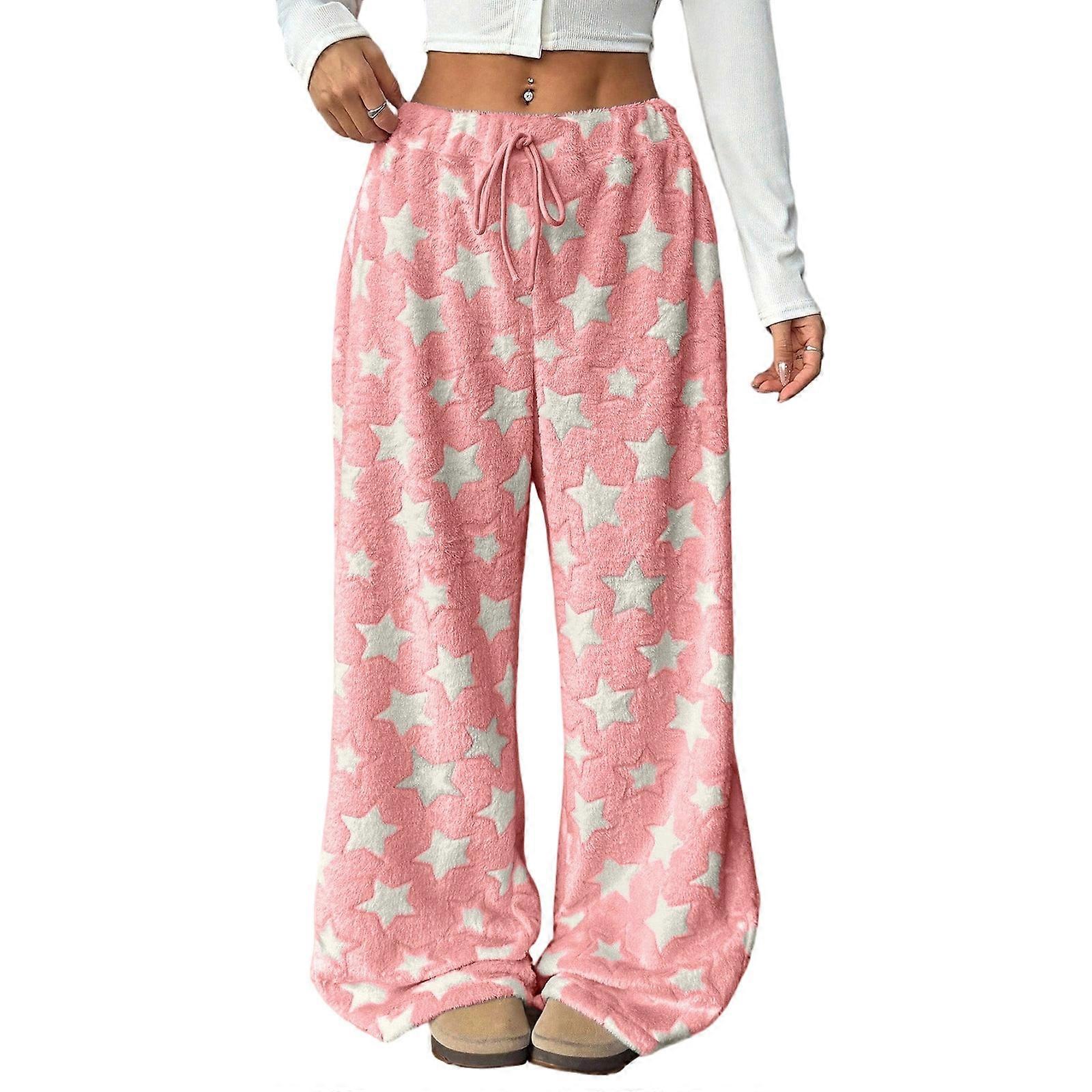 Women's Fuzzy Plush Pajama Pants Drawstring Elastic Waist Wide Leg Teddy  Bottoms  Pants  watermelon red XL