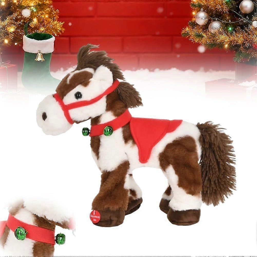 Spotted Electric Plush Horse, Interactive Brown-and-White Spotted Pony with Joyful Neighing Sounds, Soft Adorable Red Saddle with a Green Bell for Sof