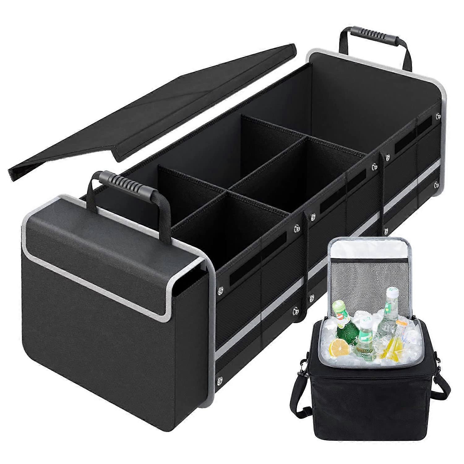 Car Trunk Organizer with Insulated Cooler Bag, Foldable Waterproof SUV Storage, 3 Compartments