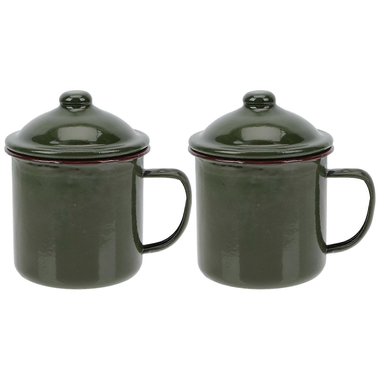 Multi-Functional Green Enamel Water Mug with Lid for Storage Use 2Pcs Cups