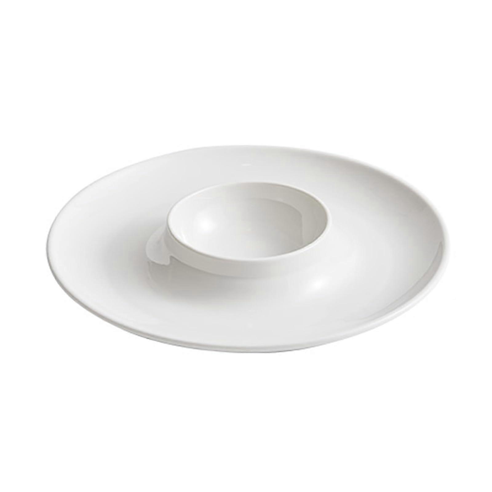 Large White Ceramic Dinner Plate with Straw Hat Design, Dip Section, Durable Tableware 32.5cm