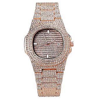 Male Zircon Watch Band Rhinestone Watch Fashion Quartz Watch Hippop Wrist Watch Rose Gold