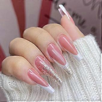 Long Coffin Press On Nails White French Tip False Nails with Glitter Design Reusable Set 24Pcs