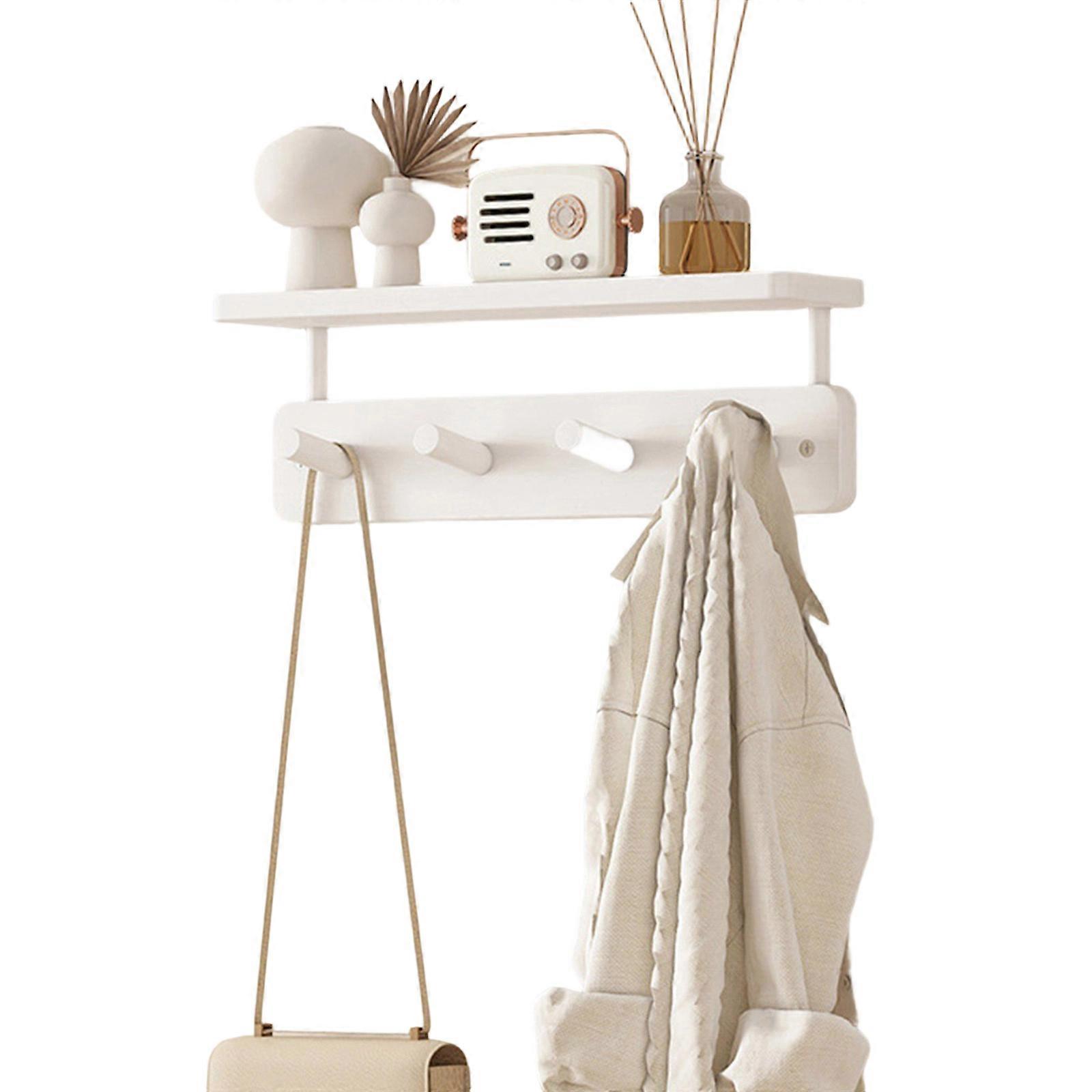 Space Saving Timber Coat Stand With Shelving Panel And 4 Knobs For Bedroom Hallway  White