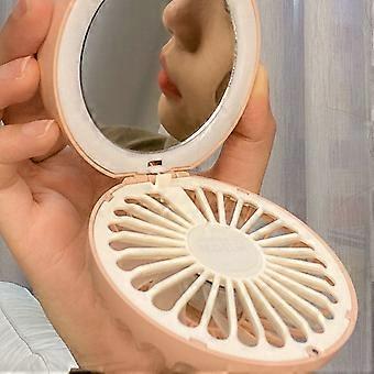 Portable Led Light Fan Compact Make Up Mirror 2 In 1 Mini Handheld Fan Cartoon Usb Rechargeable Cooling Outdoor Small Fan