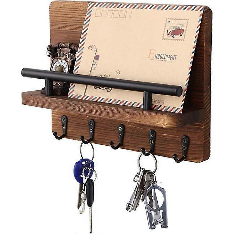 Wall Key Holder - AMOUNE - Solid Pine Wood - 5 Hooks - Rustic Decoration - Versatile Storage