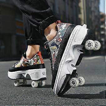 Freizeitschuhe werden in einer Sekunde zu Rollschuhen. Vierrad-Doppelzweck-Rollschuhe Rollschuhe