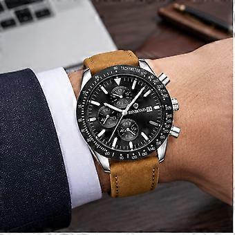 Men's BINBOND Quartz Watch Yellow Genuine Leather Strap White Case Black Dial White Markers Waterproof Multifunction JY