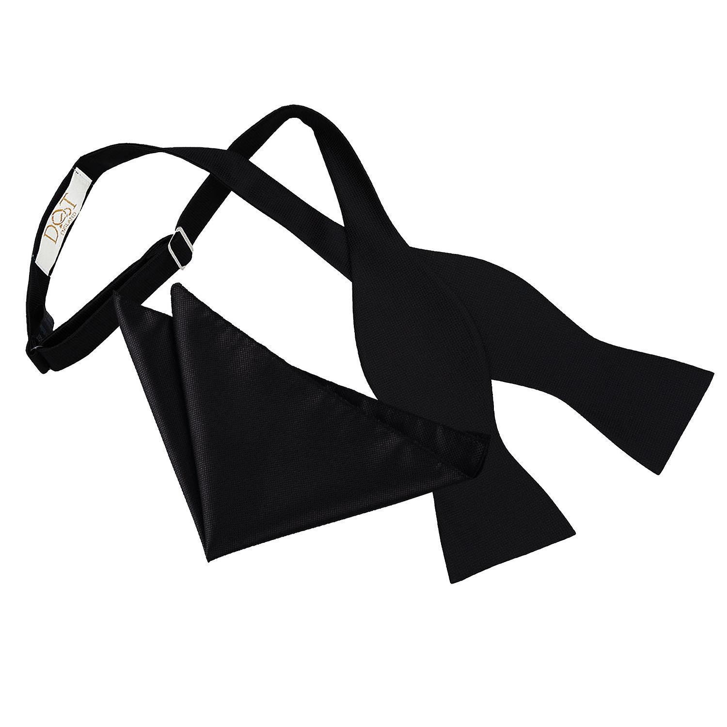 Black Solid Check Self-Tie Bow Tie and Pocket Square Set