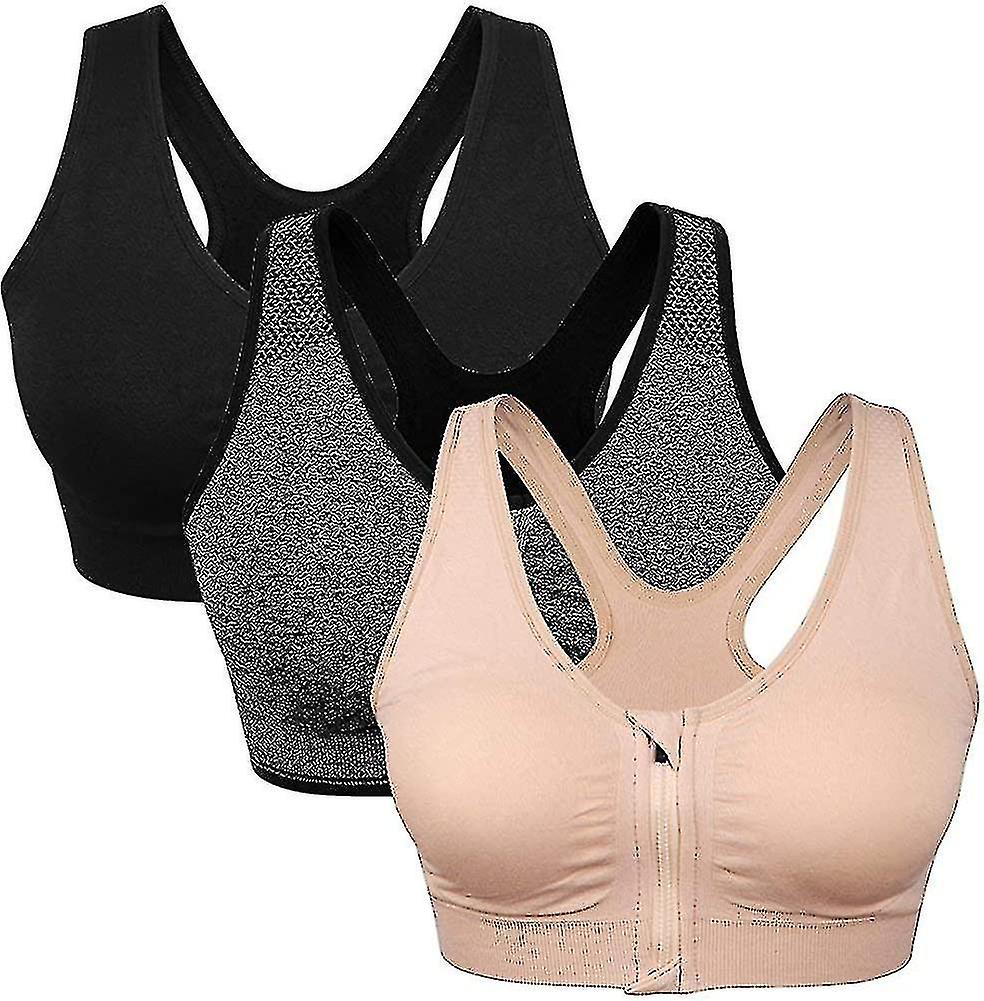 3pcs Women High Impact Sports Bra Plus Size Zip Front Fastening Bras