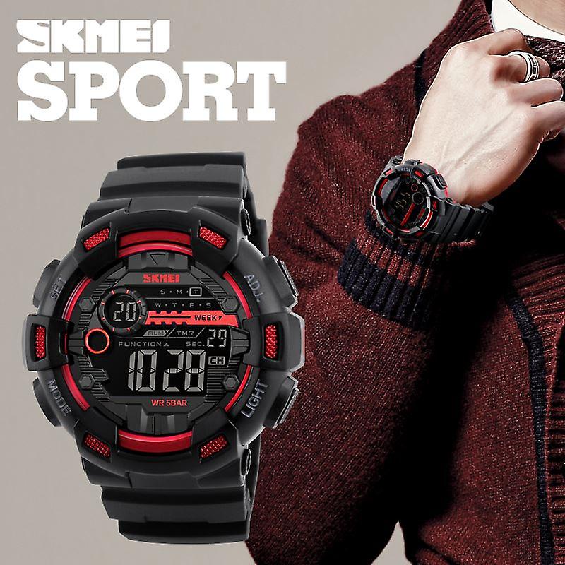 SKMEI Mens Large Display Digital Watch Resin Strap Black And Red Stopwatch Alarm DG1243