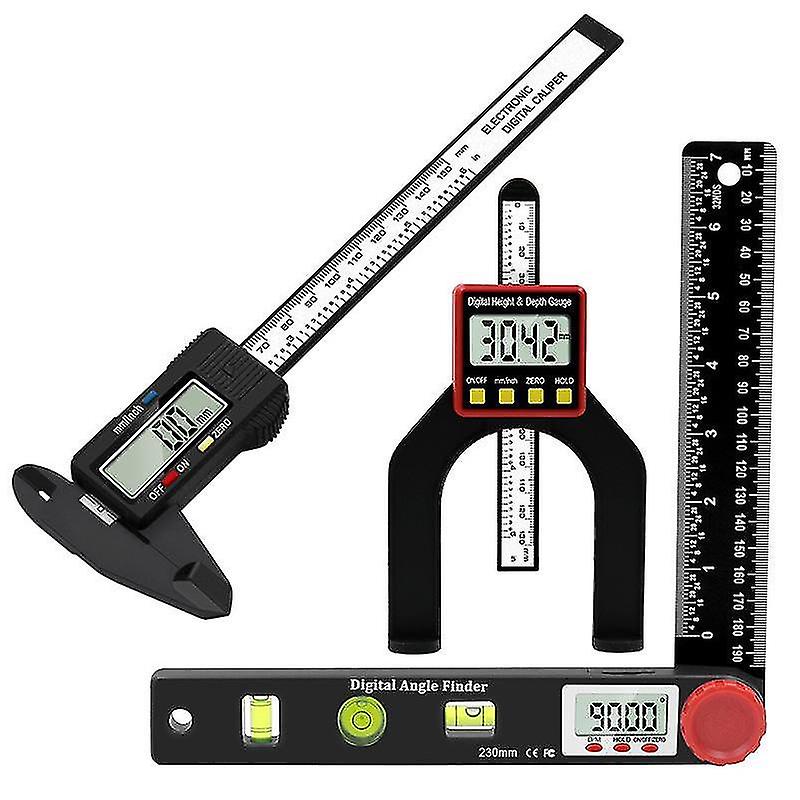 Height Depth Gauge, Digital Caliper, Four-In-One Horizontal Ruler, Angle Ruler, 3-Piece Set