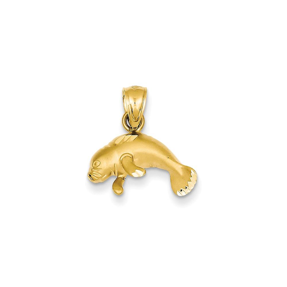 14k Yellow Gold Satin Manatee Pendant Necklace 17x16mm Wide-Pendant for Women - 1.5 Grams