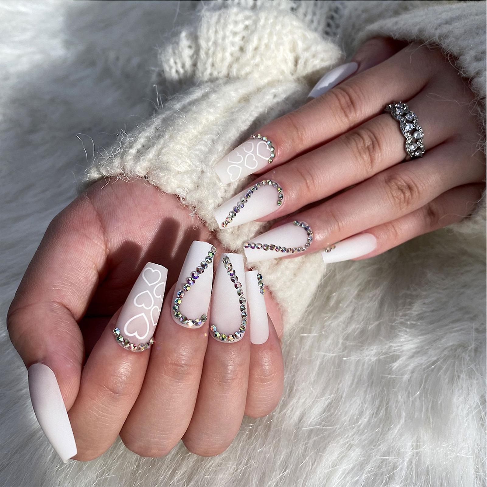White Matte Rhinestone Fake Nails Not Easy To Chip Or Fade Good Flexibility Fits