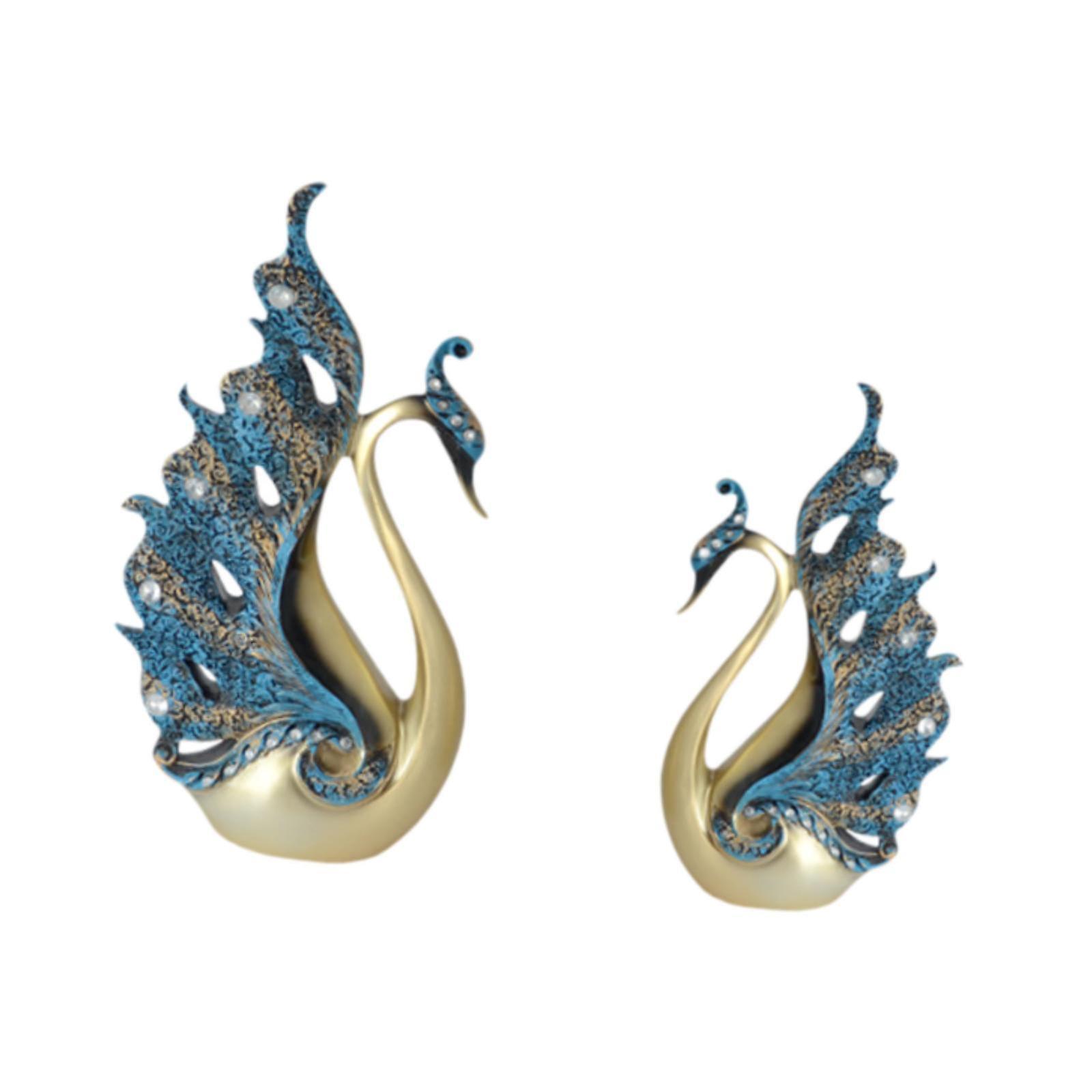 2x Couple Swan Statues Figurines Bird Figures Desk Resin Sculptures Blue