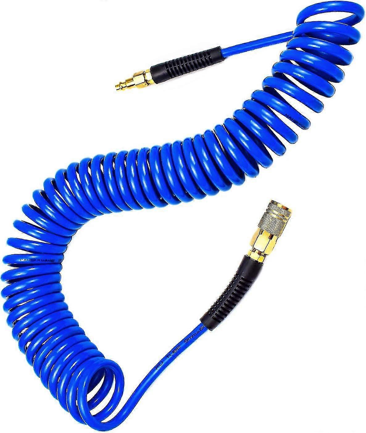 Polyurethane Recoil Air Hose 1/4" Id 25 Ft Long With Bend Restrictor, 1/4" Industrial Quick Coupler And Plug, Blue