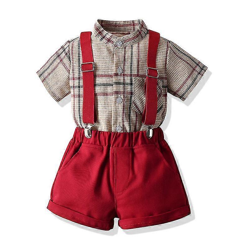 2022 ילדים קיץ בייבי בויז חליפה רשמית ג'נטלמן בוטי רומפר מתלים מכנסיים קצרים שרוול חולצת טוקסידו חתונה תלבושת שני חלקים סט אדום
